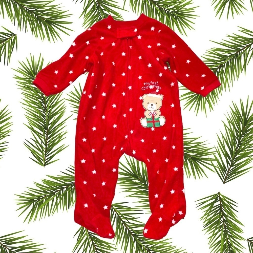 LITTLE Me Size 9M My 1st Christmas Red/White Stars Full Zip Footie Pajama